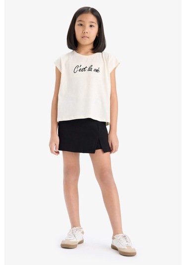 DeFacto Kız Çocuk 2'li Takım Baskılı Kolsuz Tişört Şort Etek E1260A825SMBG106 Bej