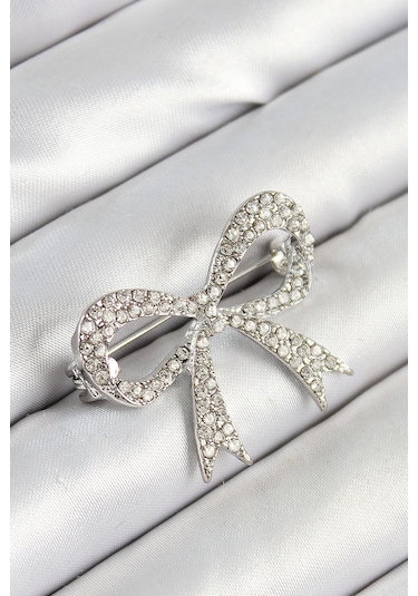 Üzeri Zirkon Taşlı Fiyonk Figürlü Gümüş Renk Kadın Broş - Tj-br448 Çok Renkli