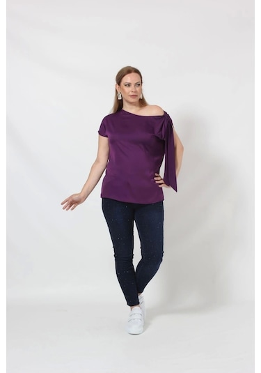 3250 Tek Omuz Bağlama Detaylı Bluz Mor Mor