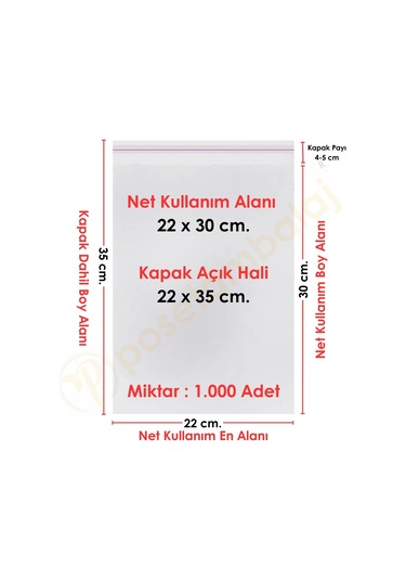 22x30+5 Cm. 22x35 1.000 Adet Şeffaf Bantlı Yapışkanlı Jelatin Poşet