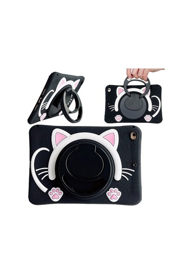 Apple Ipad 8. Ve 9. Nesil 10.2 Inç 2020 / 2021 Uyumlu Kedi Kılıf Standlı Eğlenceli Koruma Siyah