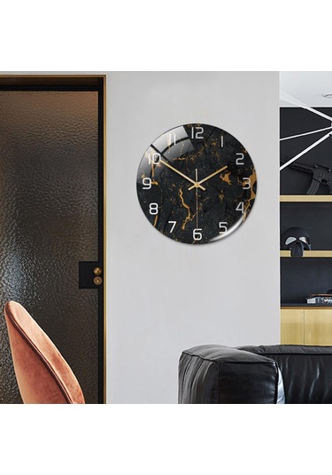 Suntek Mermer Dokulu Yuvarlak Pille Çalışan Ofis İçin İskandinav Tarzı Duvar Saati Siyah