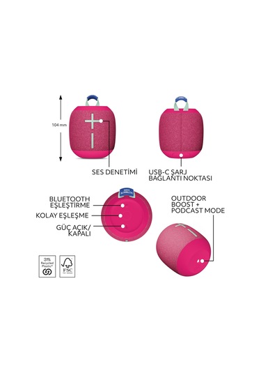 Ultimate Ears Wonderboom 4 Taşınabilir Su Geçirmez Bluetooth Hoparlör, Büyük Bas Ve 360 Derece Ses - Pembe