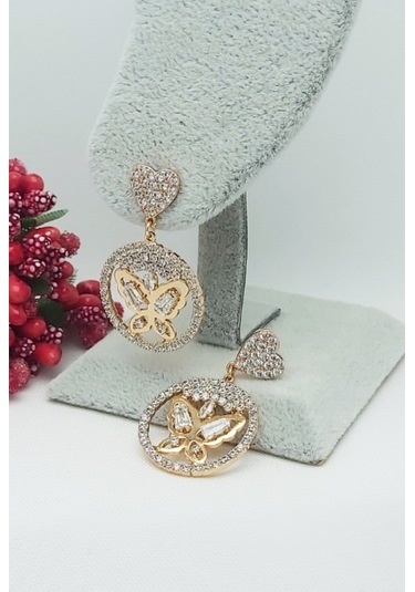 Rose Altın Kaplama Vip Seri Sallantılı Kalpli Kelebek Küpe 3,5 c Rose Gold