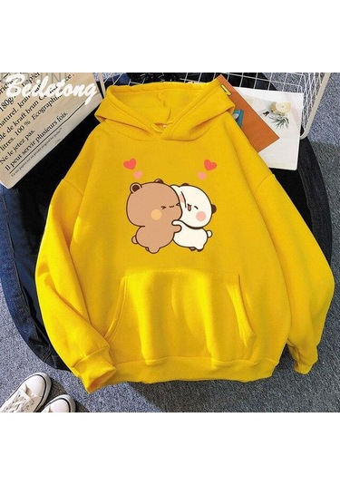 Sarı Kawaii Hoodie Panda Ayı Karikatür Bubu Dudu Baskı Kız Büyük Boy Kazak İlkbahar/sonbahar Açık Mavi Uzun Kollu Cep Tops Sarı