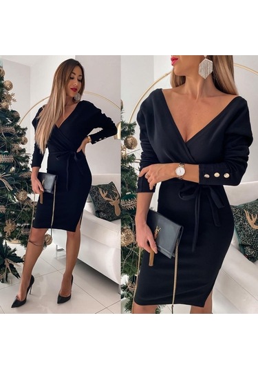 Kadın Uzun Kollu Kruvaze Yaka Bağcık Detay Akrilik Mini Boy Elbise Siyah