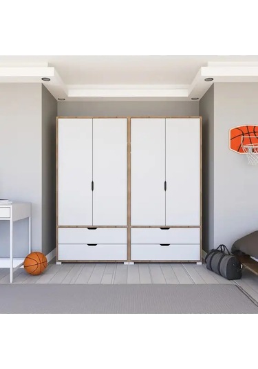 Nisan Açık Ceviz-beyaz 4 Kapılı 4 Çekmeceli Elbise Dolabı - Gardırop Seti Açık Ceviz & Beyaz