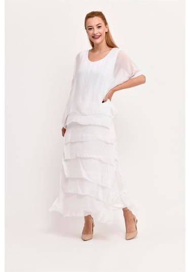 İtalyan 2 Beden İnce Gösteren Yarım Kol Kat Kat Ipek Elbise Beyaz