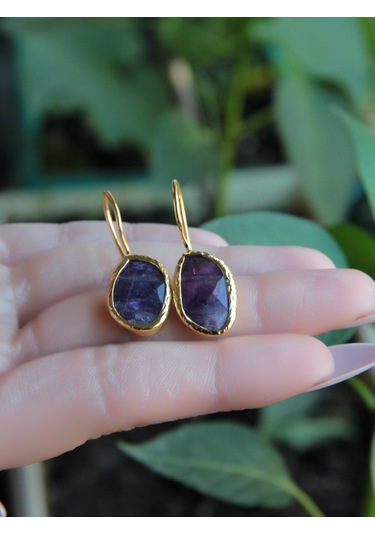 Doğal Taş Ametist Taşı Kadın Doğal Taşlı Küpe Gold Euku3ag Mor