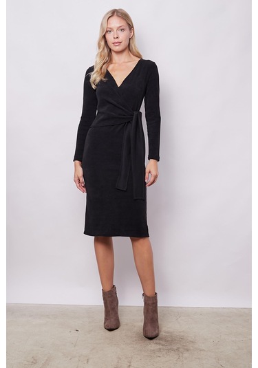 Kadın Hafif Likralı Triko Kruvaze Anvelop Bağcıklı Uzun Kol Diz Altı Uzun Elbise-siyah Siyah