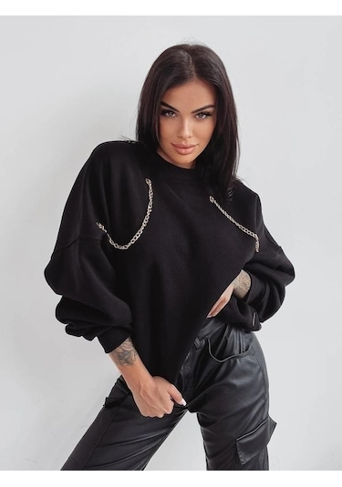 Kadın Uzun Kollu Zincir Detay Iki Iplik Bluz Siyah