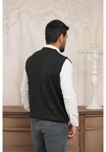 Woolen World Regular Fit Ön Cepli Kolsuz Erkek Triko Yelek Antrasit