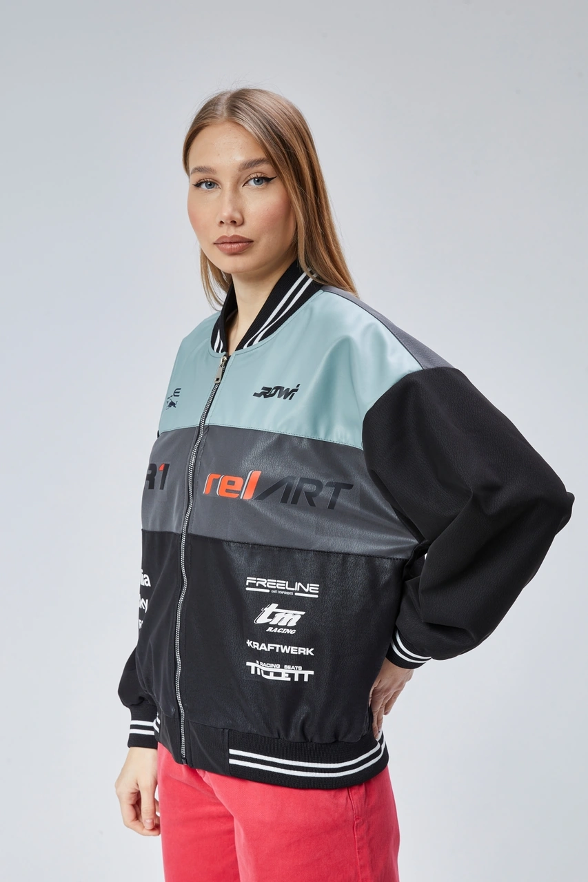 Kadın Oversize Baskılı Motorcu Yarışçı Montu Kolej Ceketi Mint Yeşili