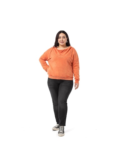 Büyük Beden Degaje Kapüşonlu Yaka Cepli Parça Boyalı Üç İplik Turuncu Sweatshirt-turuncu Turuncu