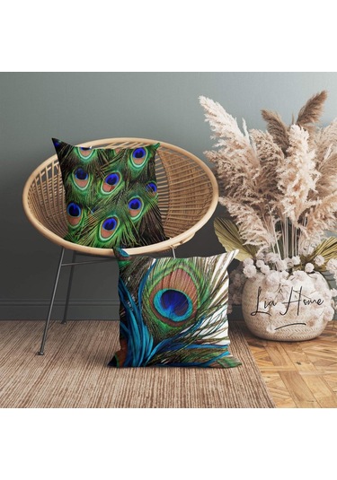 Tavus Kuşu Desenli Çift Taraflı Dekoratif 2'li Kombin Kırlent Kılıfı Seti Çok Renkli