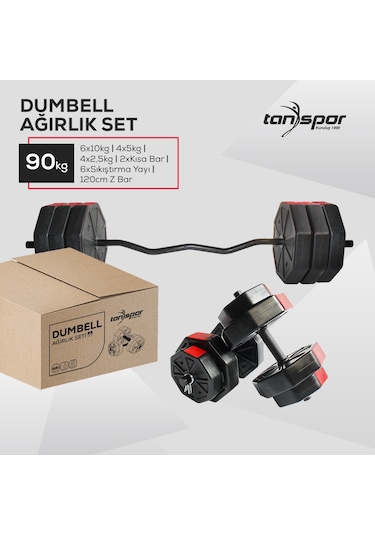 Tan Spor 90 KG Dambıl Halter Kısa Bar + Düz Bar Seti Sarı Kapaklı 150 CM