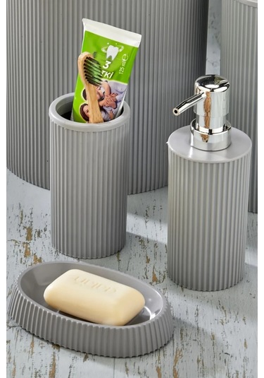 Line 3 Parça Yuvarlak Lavabo Seti - Sıvı Sabunluk Katı Sabunluk Diş Fırçası Gri