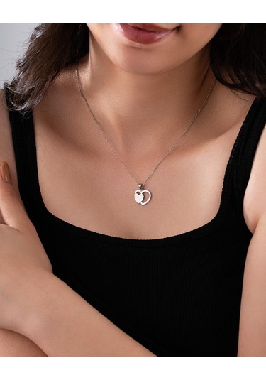 925 Ayar Rodyum Çift Kalp İsimli Gümüş Kolye Özelleştirilebilir Rzn10318