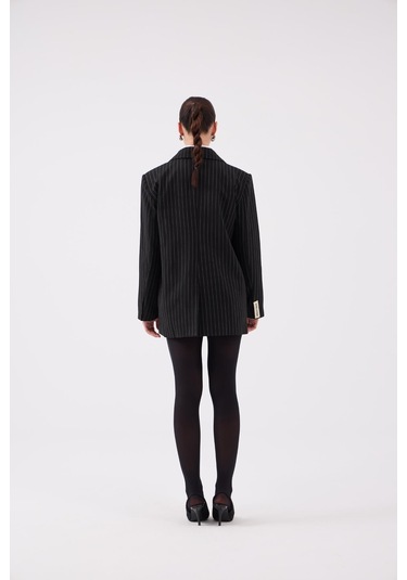 Holly Lolly Oversize Kesim Çizgili Strip Blazer Ceket Siyah