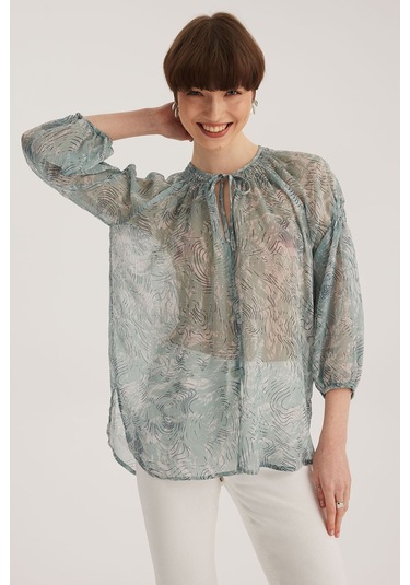 Stella Pulvis Mavi Bağlama Detaylı Reglan Kol Yuvarlak Yaka Bluz