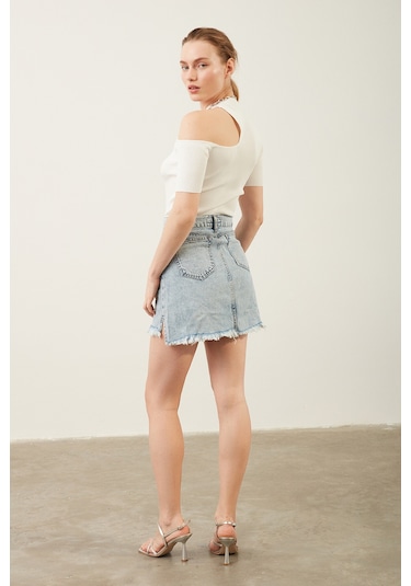 Kadın Püsküllü Mini Jean Etek 001