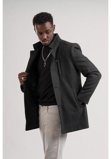 Slimfit Hakim Yaka Düğme Kapamalı Yan Cepli Astarlı Tek Yırtmaçlı Yünlü Kaşe Kaban Antrasit
