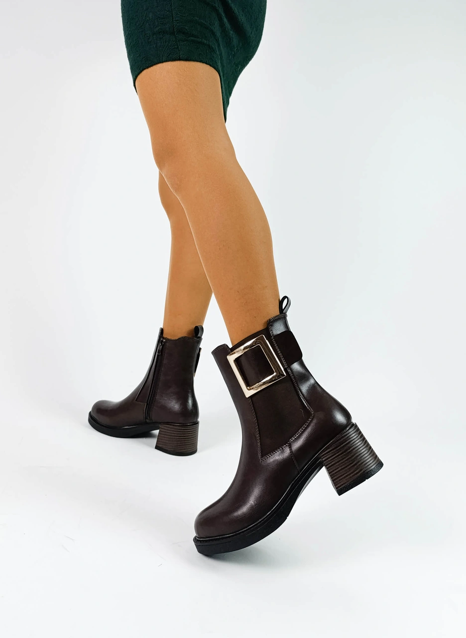 Kahve Cilt Tokalı Lastikli Yandan Fermuarlı Kadın Kalın Topuklu Bot Kahve