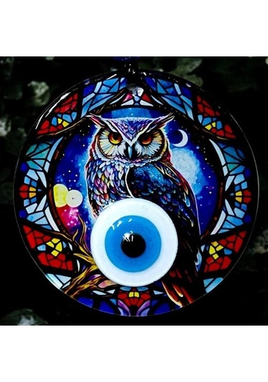 Baykuşlu Gece Desenli 12 Santimetre Füzyon Cam Duvar Süsü