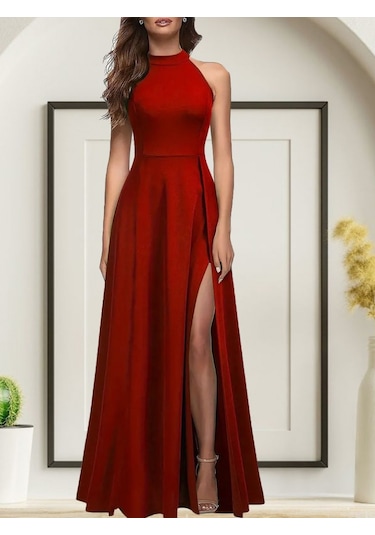 Soonaksesuar Kadınhalter Yaka Derin Yırtmaç Detaylı Tam Boy Ithal Krep Abiye Elbise Kırmızı