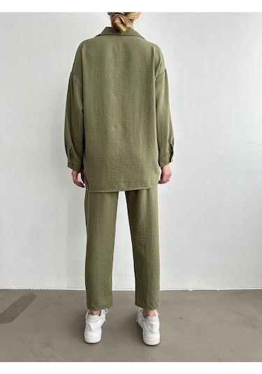 Kadın Oversize Keten Gömlek Pantolon Alt Üst Takım Haki