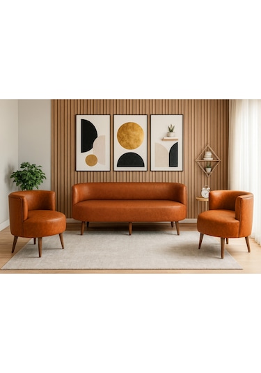 Sydney Koltuk Takımı 3+1+1 Dekoratif Modern Deri Koltuk Seti Ofis Ve Ev Kullanımı - Taba Taba