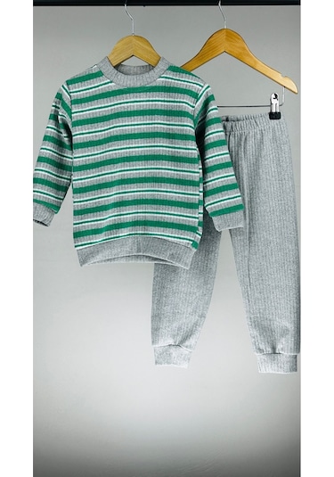 %100 Pamuklu Çizgili Uzun Kollu Kışlık Bebek Çocuk Takım 001