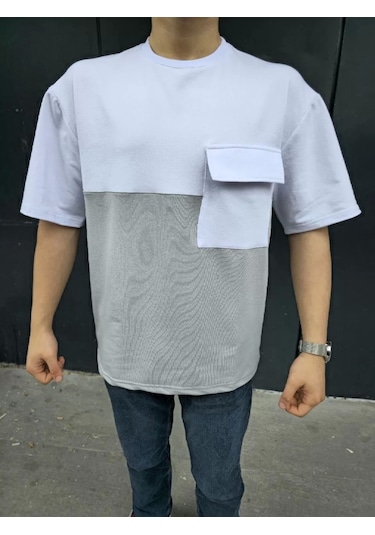Unisex Torba Cep Detaylı Parçalı T-shirt - Gri Gri