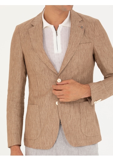 Cacharel Kahverengi Slim Fit %100 Keten Ceket
