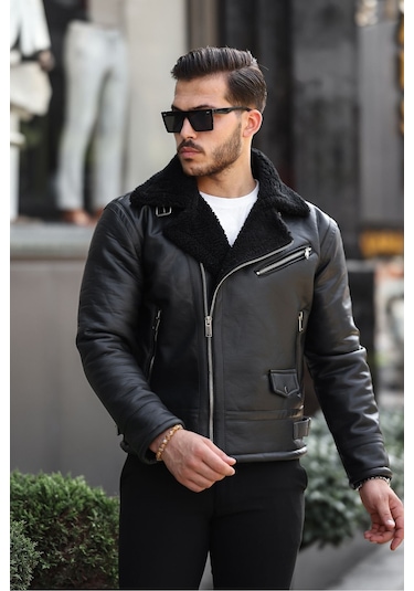 Erkek Napa Deri Çapraz Fermuarlı İçi Full Kürklü Yüksek Kalite Slim Fit Siyah Mont & Ceket Siyah