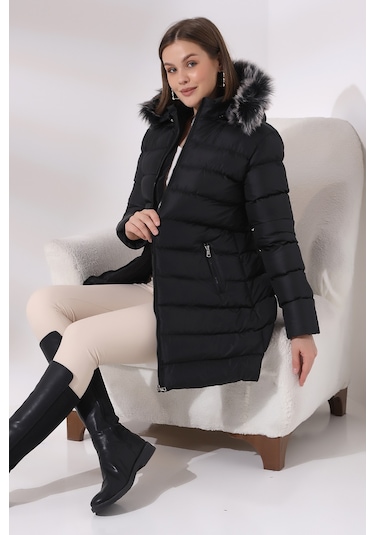 Tals Moda Siyah Renk Kapişonlu Peluşlu Kadın Montu Siyah
