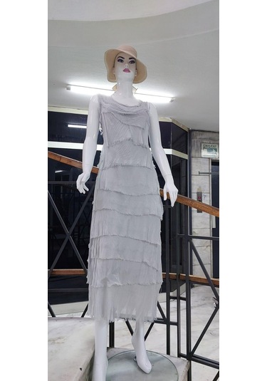 Italyan 2 Beden İnce Gösteren Kat Kat Kolsuz Ipek Elbise-8769 Taş Rengi