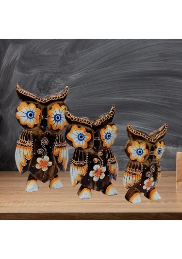 Ahşap Aborjin Üçlü Baykuş Dekoratif Biblo No.1 17 Cm