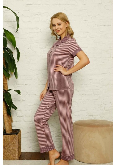 Dreamy Pamuklu Uzun Kollu Puantiyeli Düğmeli Yaka Pijama Takımı Açık Lila Puantiye Lila