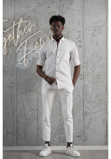 Advante İnce Çizgili Yaka Düğmeli Katlamalı Kol Pamuklu Slimfit Yazlık Keten Gömlek Gri