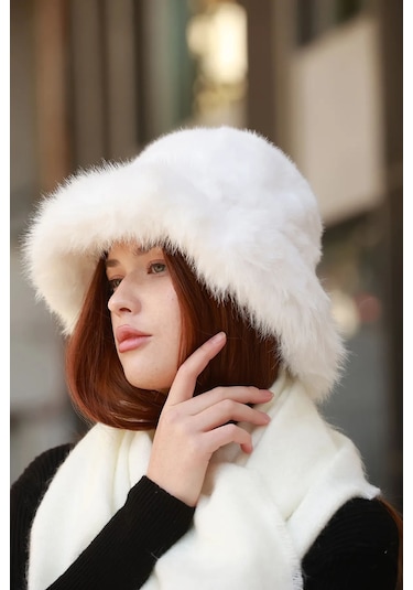Kadın Peluş Bucket Kalpak Şapka 1143 Rkş-14 Ekru Ekru
