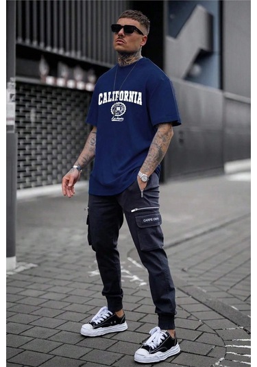 Hırsch Unisex Lacivert California Baskılı Oversize T-shirt Lacivert