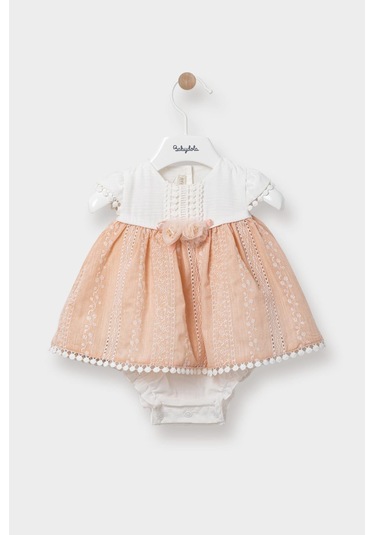 Dantelli Bayramlık Bebek Çocuk Jile Elbise Somon 12751