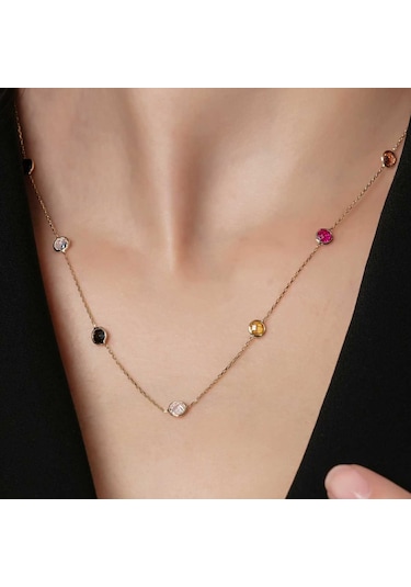 Altınbeyi Renkli Taşlı Zincir Kolye 14 Ayar Altın 2.75 Gram