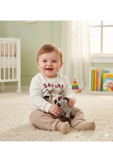 Erkek Bebek Safari Baskılı Alt Üst İkili Gündelik Takım Bej