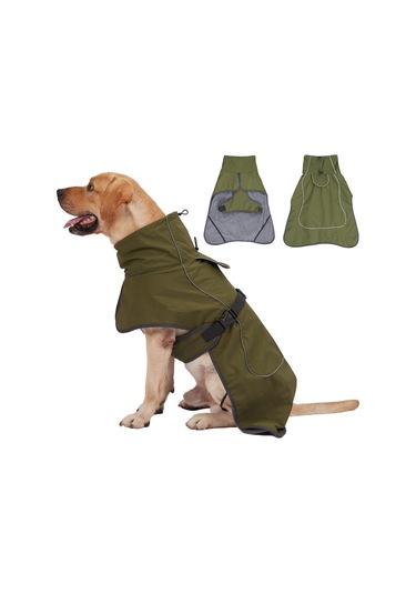 Geeksen Köpek Isılandırıcı Montu - Yüksek Yakalı, Yansıtıcı Şeritli, Su Geçirmez, Kürk Döşemeli, Asker Yeşili L Ya002q031