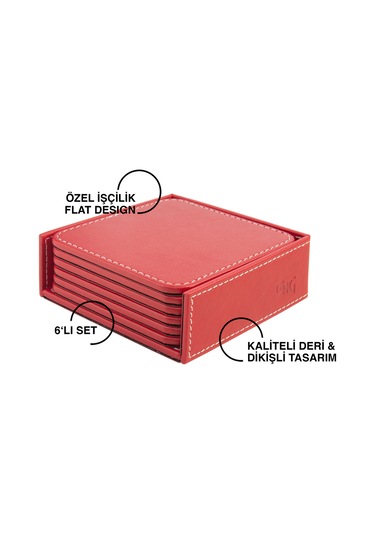 Bardak Altlığı,6 Lı Set,masaüstü Kare Cup Coaster,vegan Suni Deri,11x11 Cm.,kırmızı