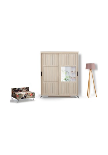 Pasifichome Huga Sürgülü Gardırop Meşe 170Cm / 2 Kapaklı Çekmeceli Dolap