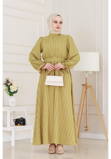 Kolu Volanlı Kemerli Henna Elbise-hardal-5061 Hardal