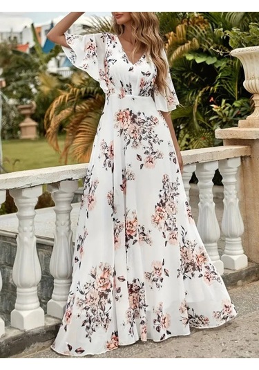 Kadın Kısa Kollu V Yakalı Çiçek Desenli Süprem Elbise Beyaz